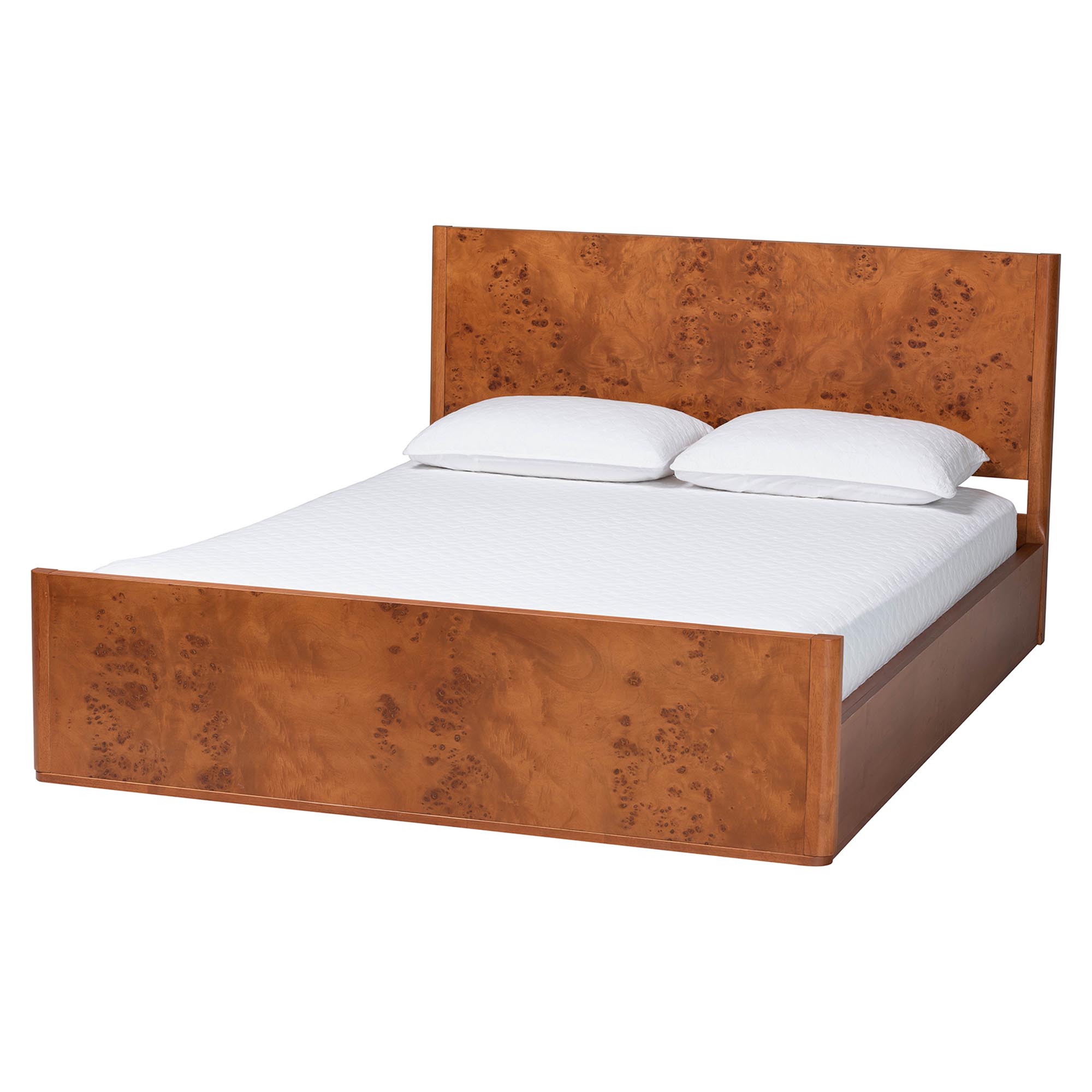 bali & pari Fuentes Real Burl Wood Bed Frame - Modern Low-Profile Platform Bed with Accent Footboard, Mid-Century Inspired Bedroom Furntiture, Queen